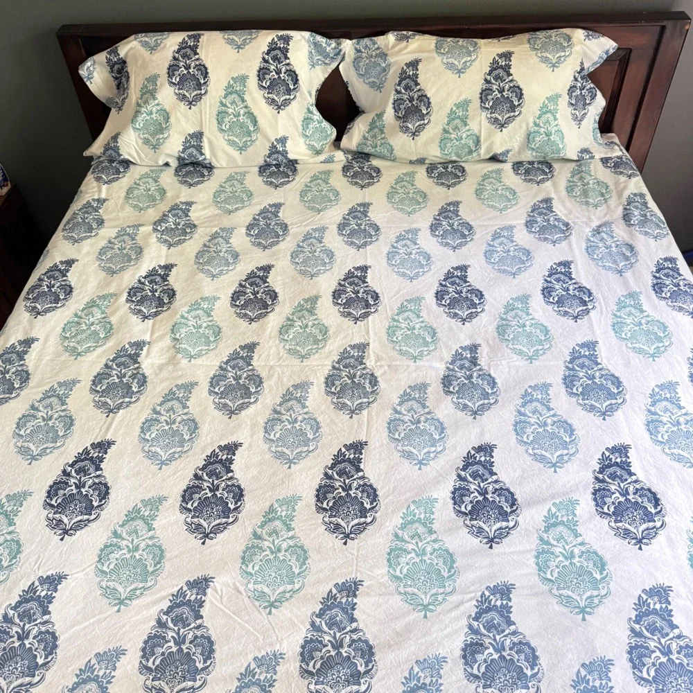 Pottery Barn King Duvet Cover Set Organic Cotton Blue Teal Paisley Block Print
